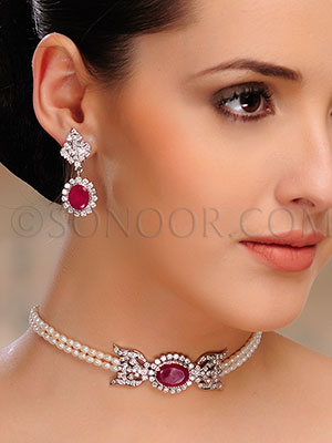 Red jade, Cubic Zirconia and Pearl Choker Set