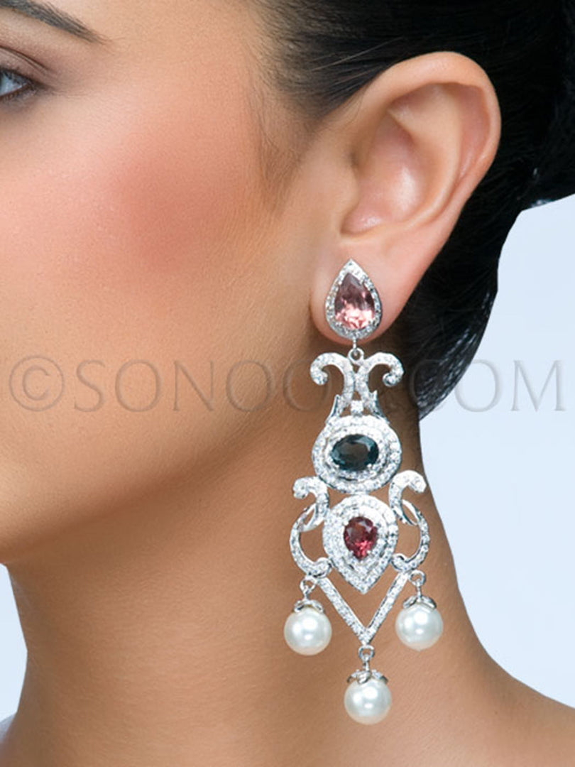 Cubic Zirconia Multi Stone Pearl Drop Earrings