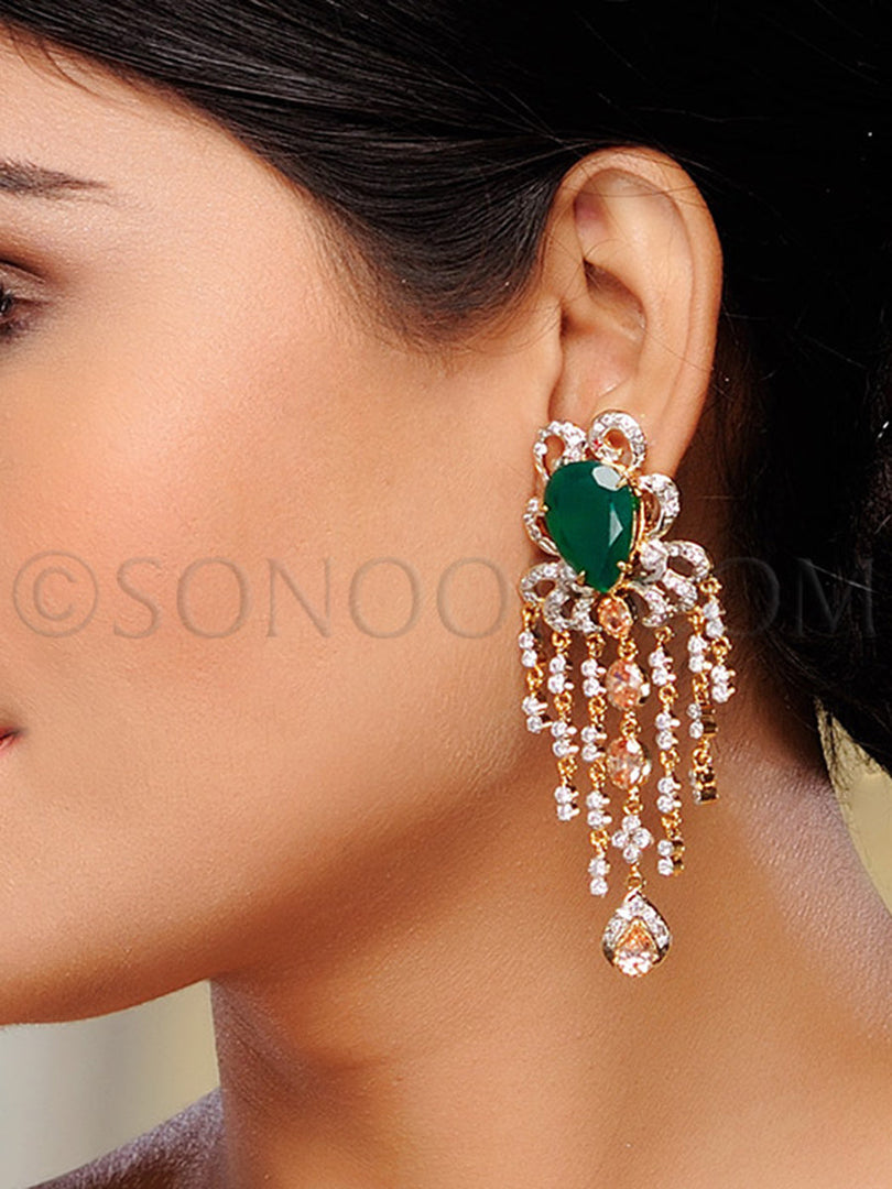 Cubic Zirconia & Green Jade Earrings