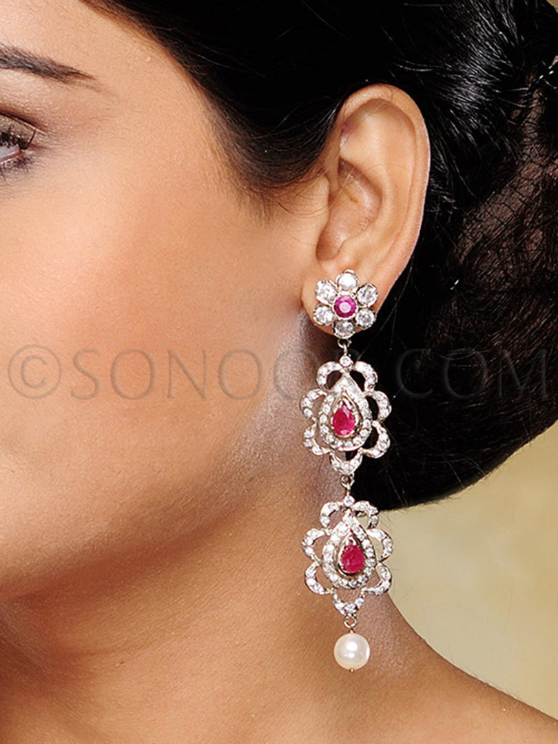 Victorian Cubic Zirconia Red Stone Long Earrings