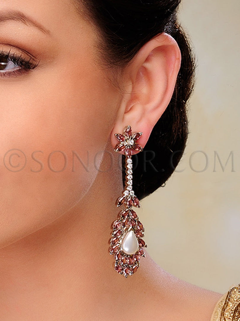 Cubic Zirconia Rhodonite Pearl Long Earrings