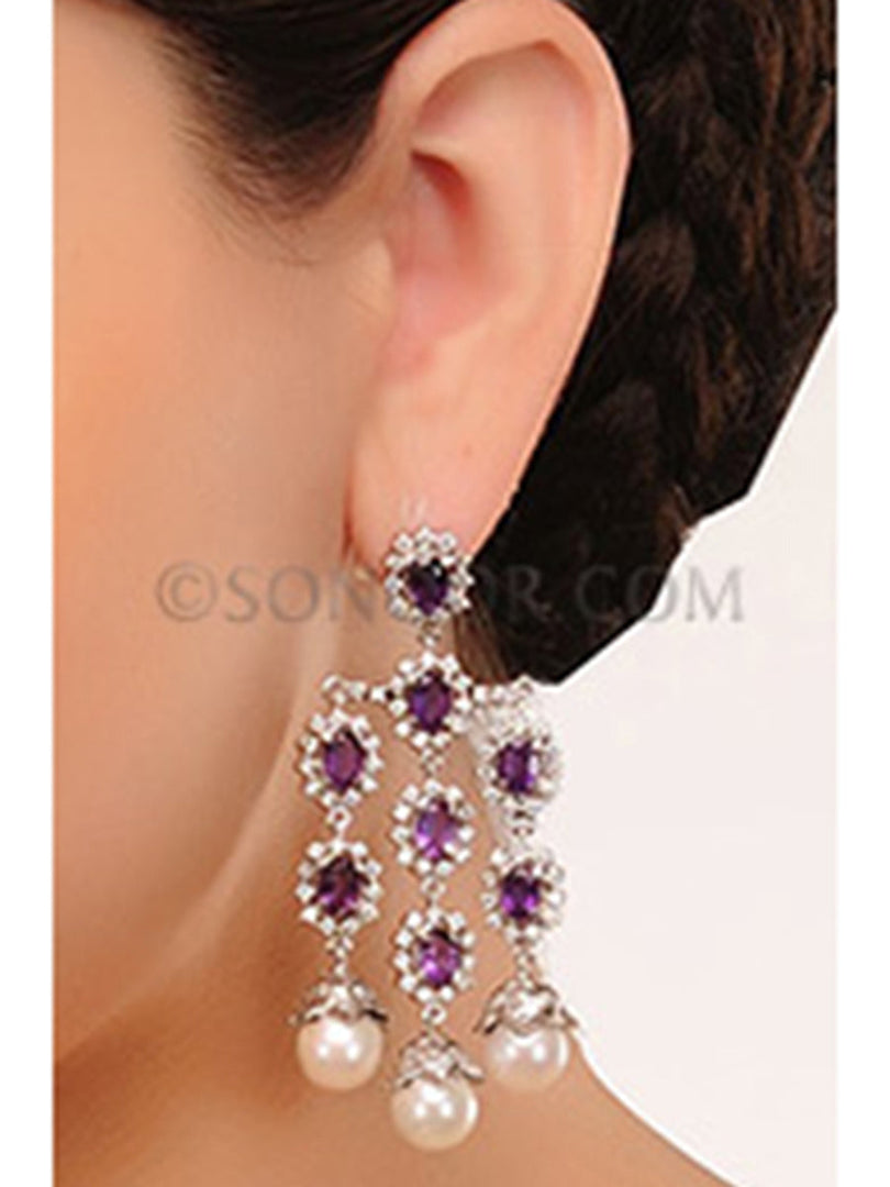 Silver Finish Cubic Zirconia Purple Stone Earrings