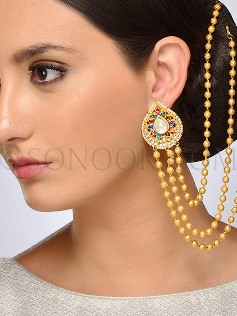 Kundan Multi Stone With Gold String Earrings