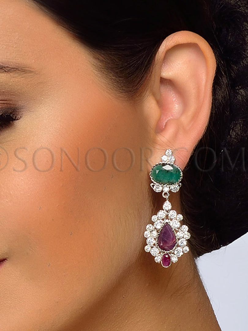 Cubic Zirconia Ruby Green Stone Earrings