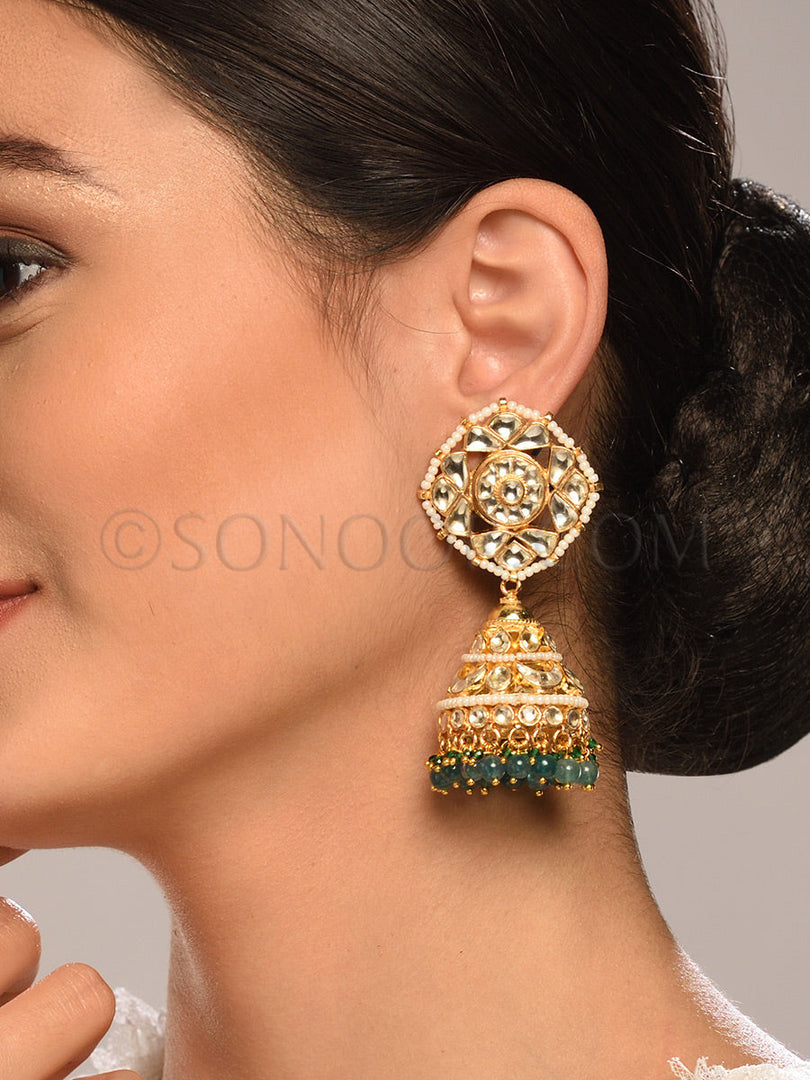 Gold Finish Kundan Jhumki Style Earrings