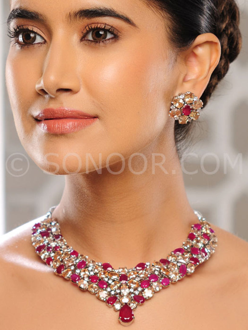 Rujuta Rhodium Finish Red Jade Necklace Set