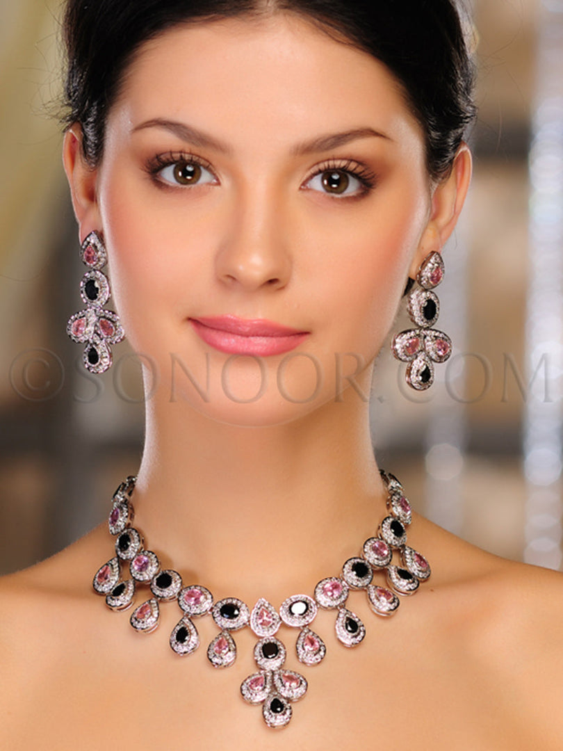 Deshna Cubic Zirconia Black & Pink stone Necklace Set