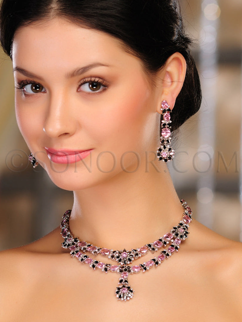 Saila Victorian Black & Pink Stone Necklace Set