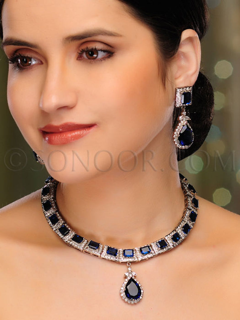 Ashika Cubic Zirconia Blue Stone Handcrafted Necklace Set