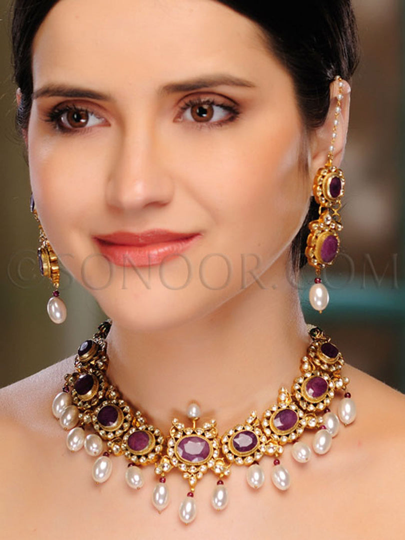 Kishti Kundan Ruby Pearl Drop Necklace Set