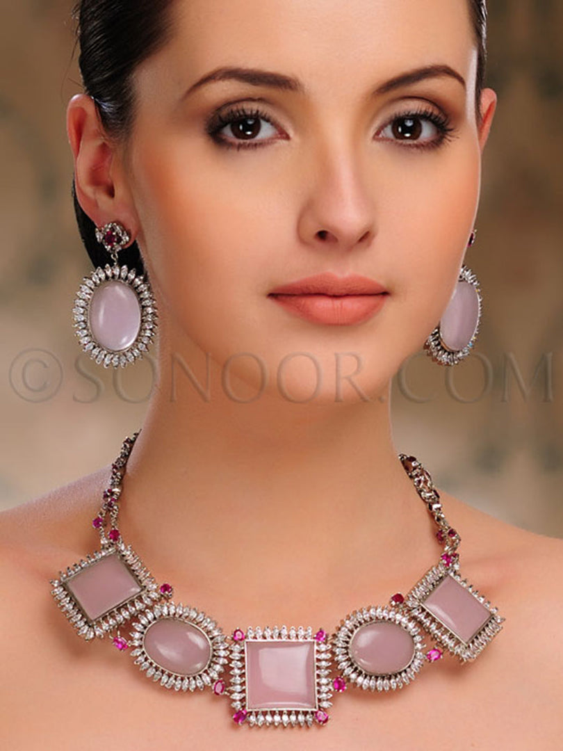 Teesta Cubic Zirconia Ruby Rosen Quartz Necklace Set