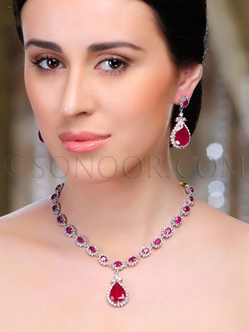 Avni Victorian Cubic Zirconia Red Jade Necklace Set