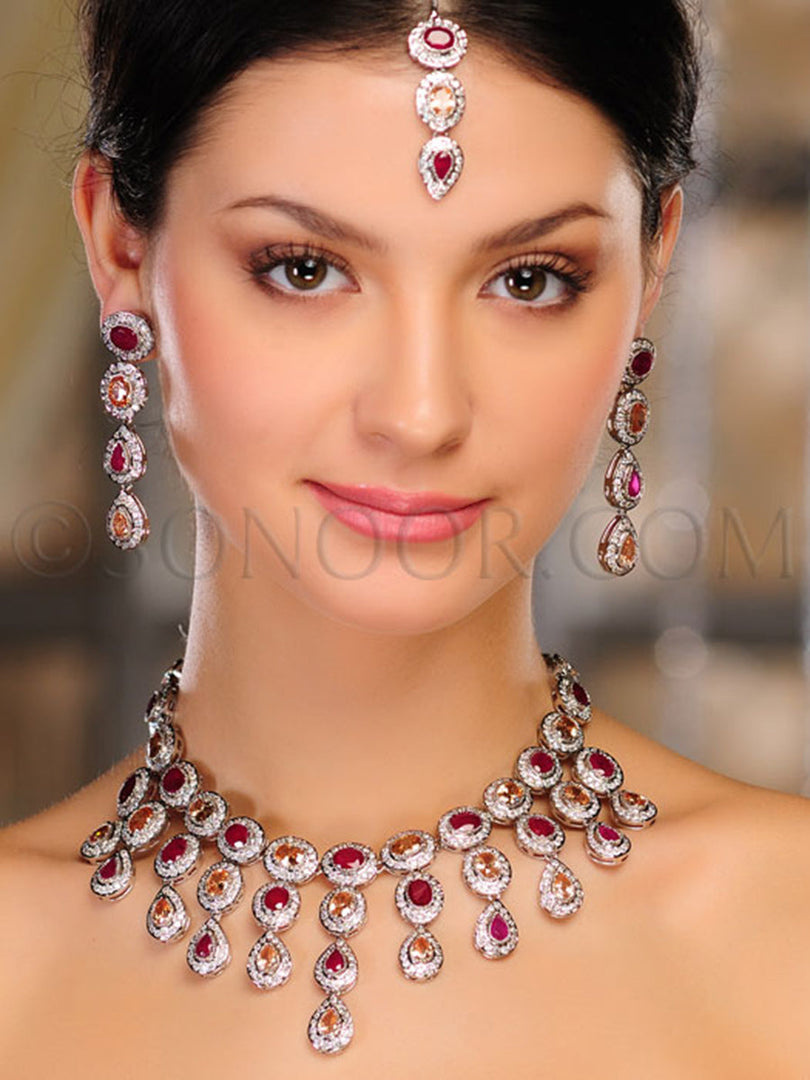 Ashni Handcrafted Cubic Zirconia Red Stone Necklace Set