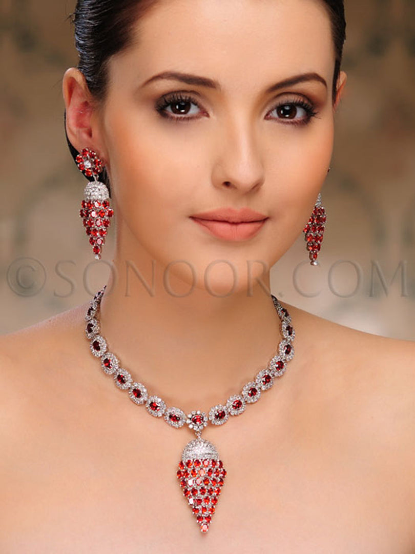 Naiya Victorian Red Cubic Zirconia Stone Necklace Set