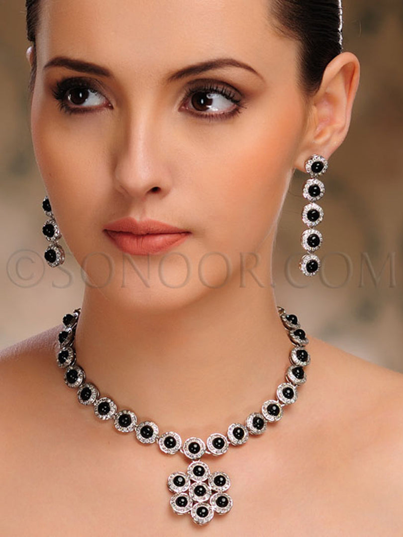 Rachita Victorian Cubic Zirconia Black Stone Necklace Set