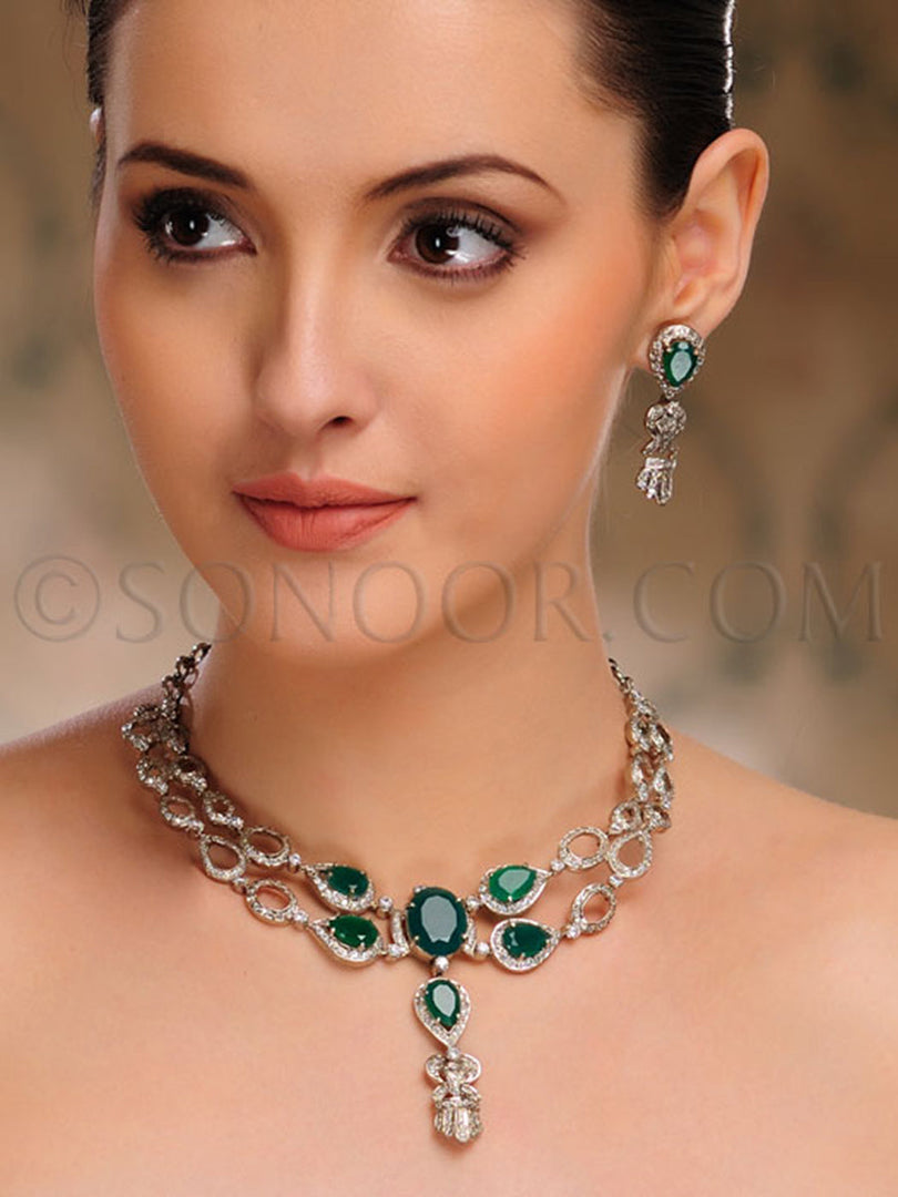 Roohi Victorian Emerald Cubic Zirconia Stone Necklace Set