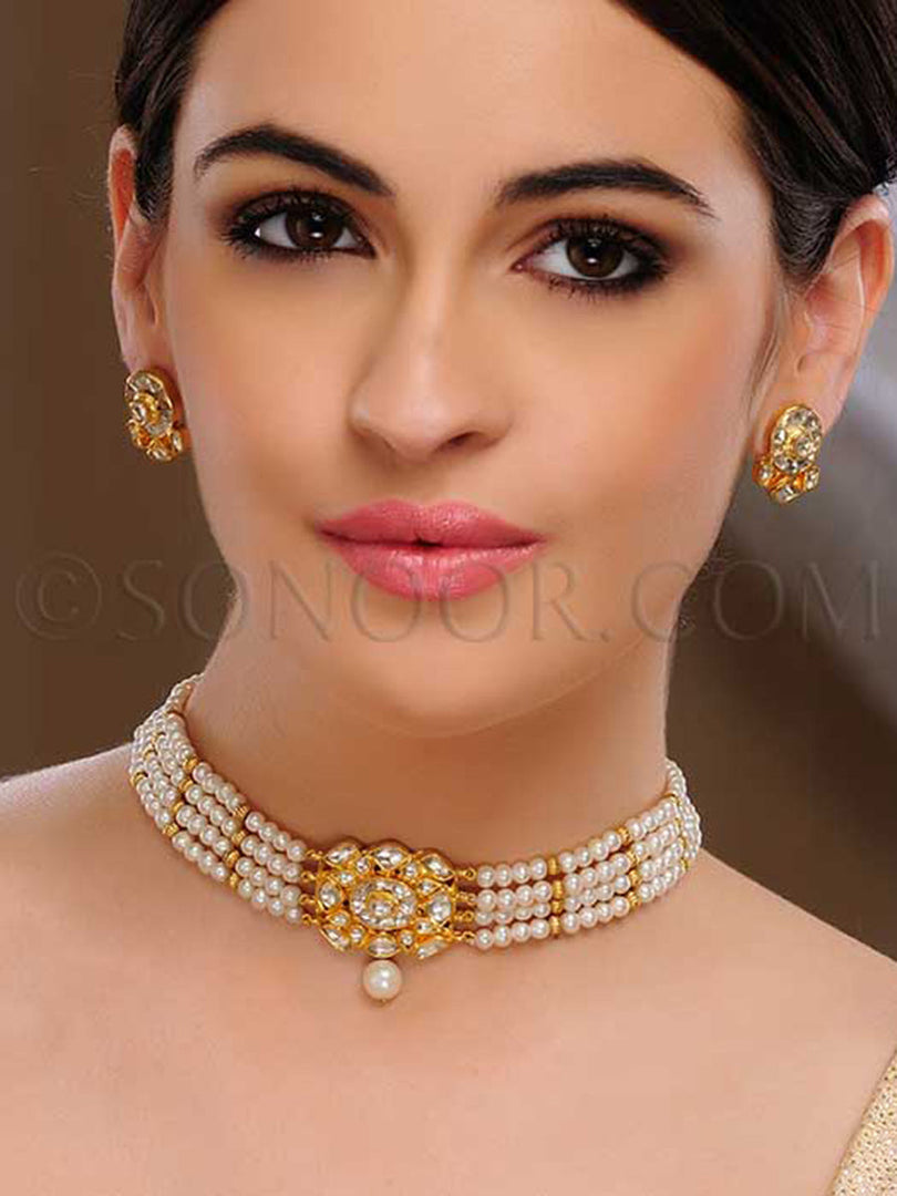 Lema Pachi Kundan Pearl String Choker Necklace Set