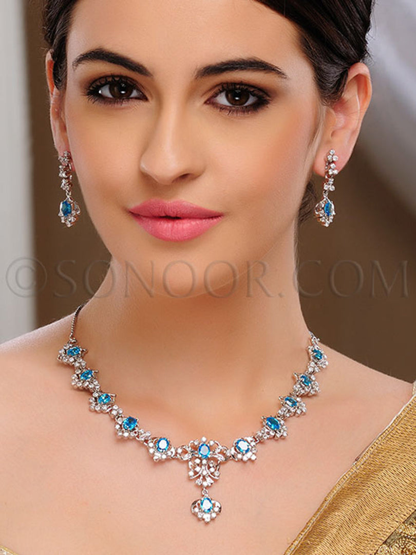 Kina American Diamond Blue Cubic Zirconia Necklace set