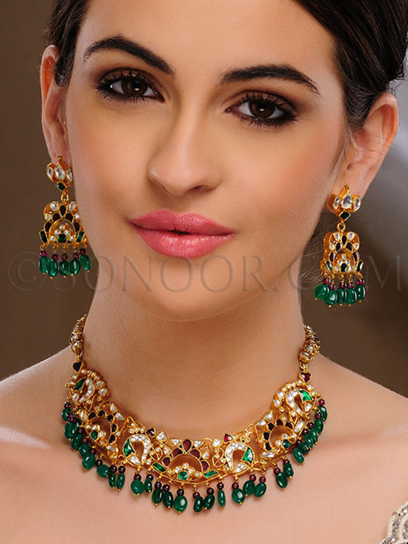 Keshvi Gold Plated Jade & Kundan Necklace Set