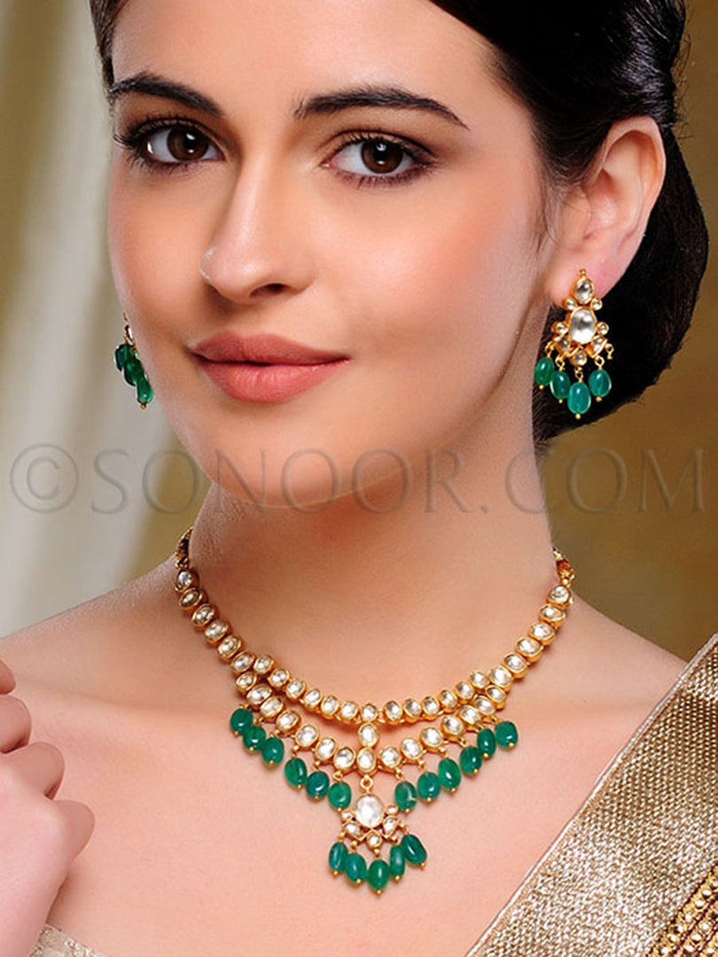 Hrida Kundan Green Jade Necklace Set