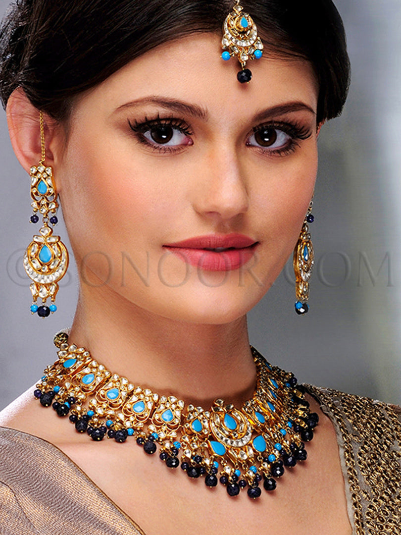 Anushma Gold Plated Kundan Blue Stone Necklace Set