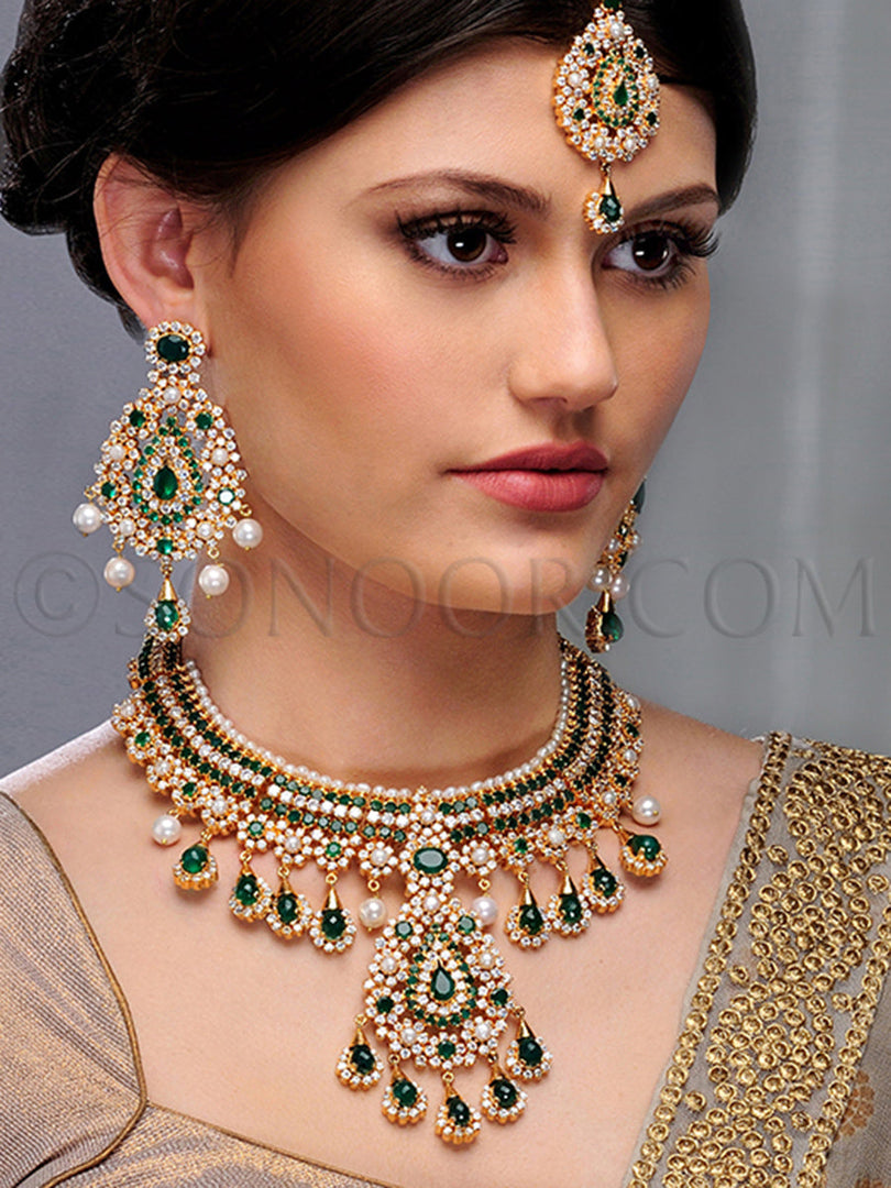 Hemi Gold Finish Green Jade Necklace Set