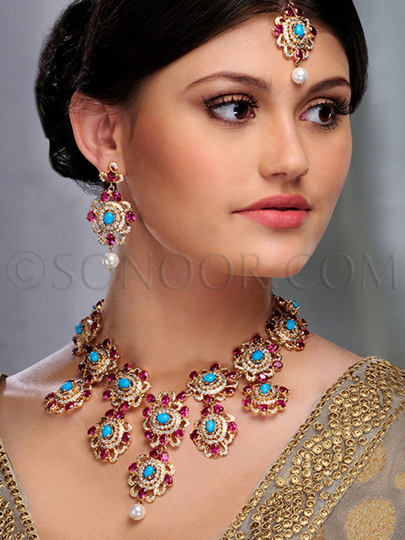 Hiya Gold Finish Multi-Color Stone Necklace Set