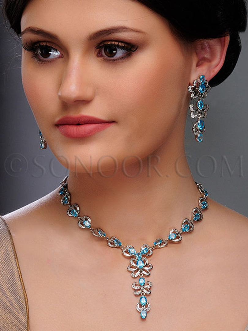 Kumvi Victorian Blue Cubic Zirconia Necklace Set