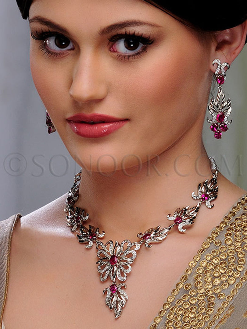 Mihi Victorian Cubic Zirconia Pink Stone Necklace Set