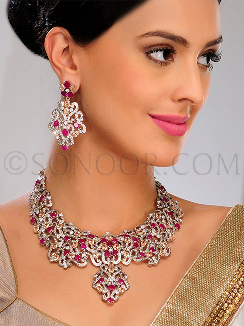 Ushya Cubic Zirconia Red Jade Necklace Set