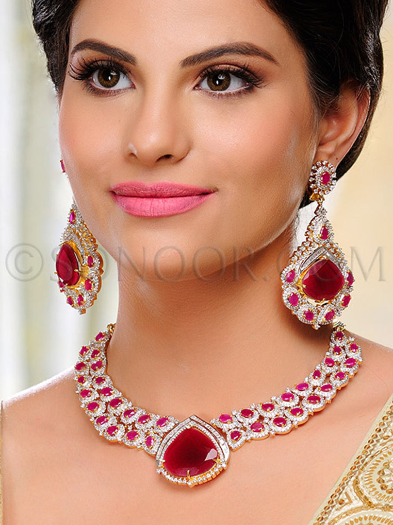 Deema American Diamond Red Stone Necklace Set