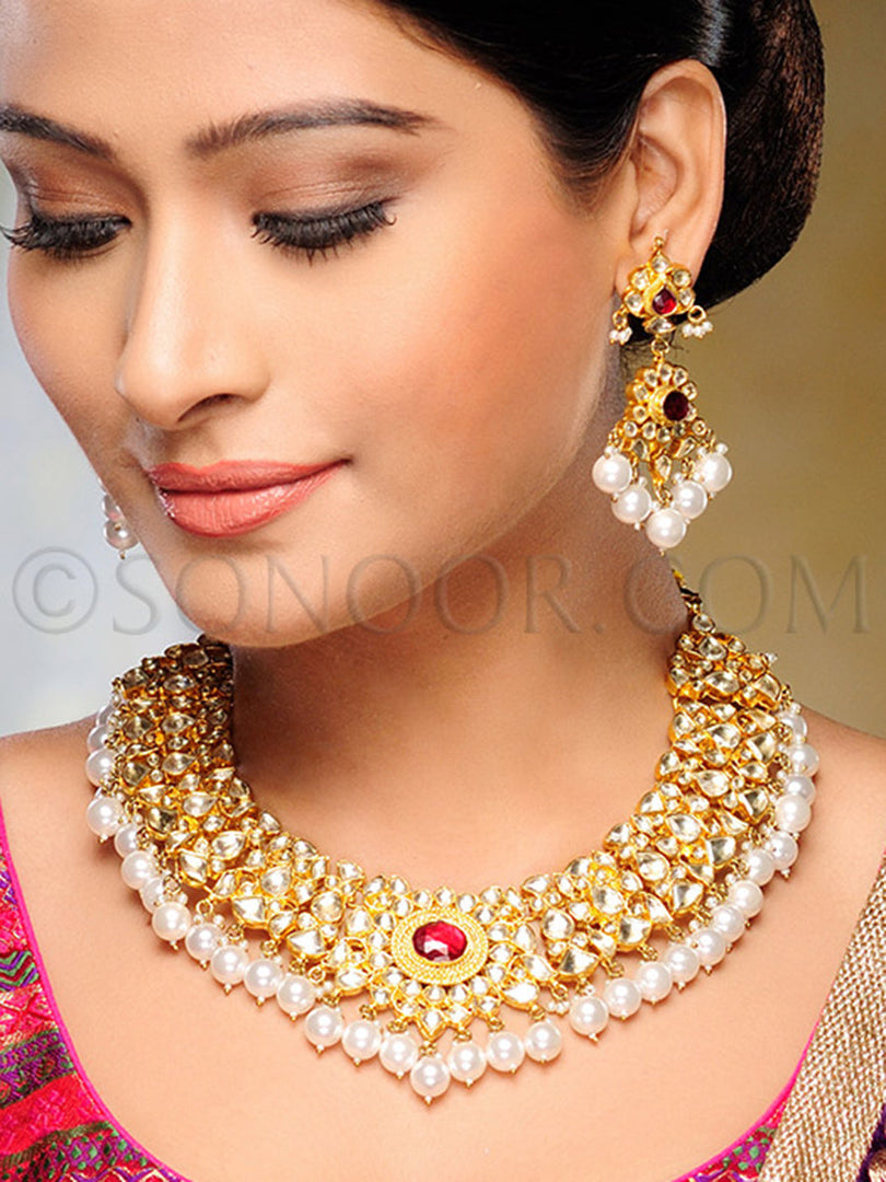 Adya Gold Plated Kundan Pearl Necklace Set