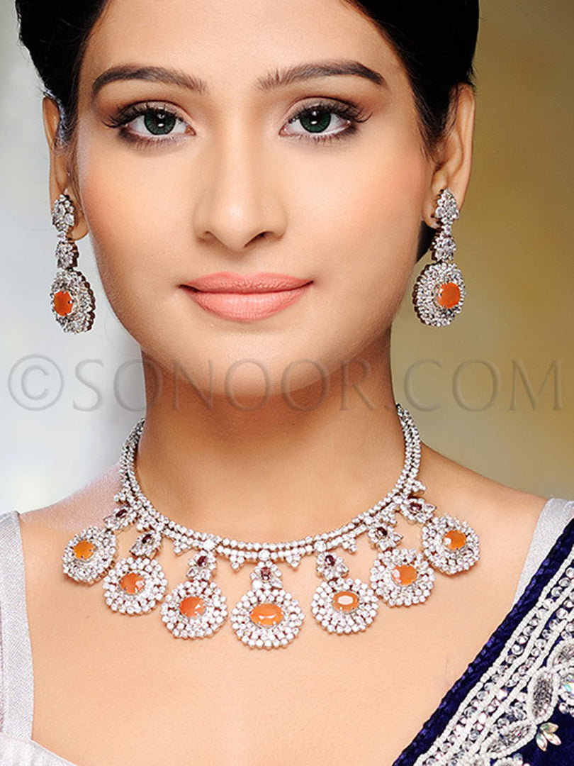 Pal Cubic Zirconia Orange Stone Handcrafted Necklace Set
