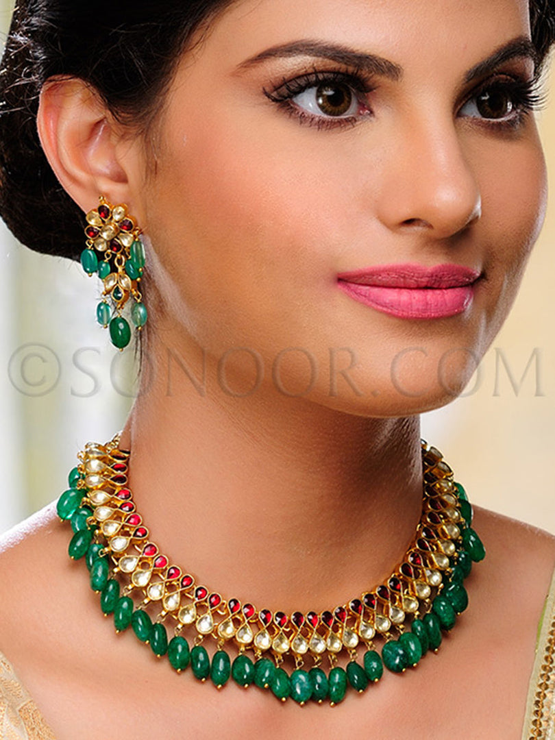 Aashi Antique Kundan Green Drop Necklace Set