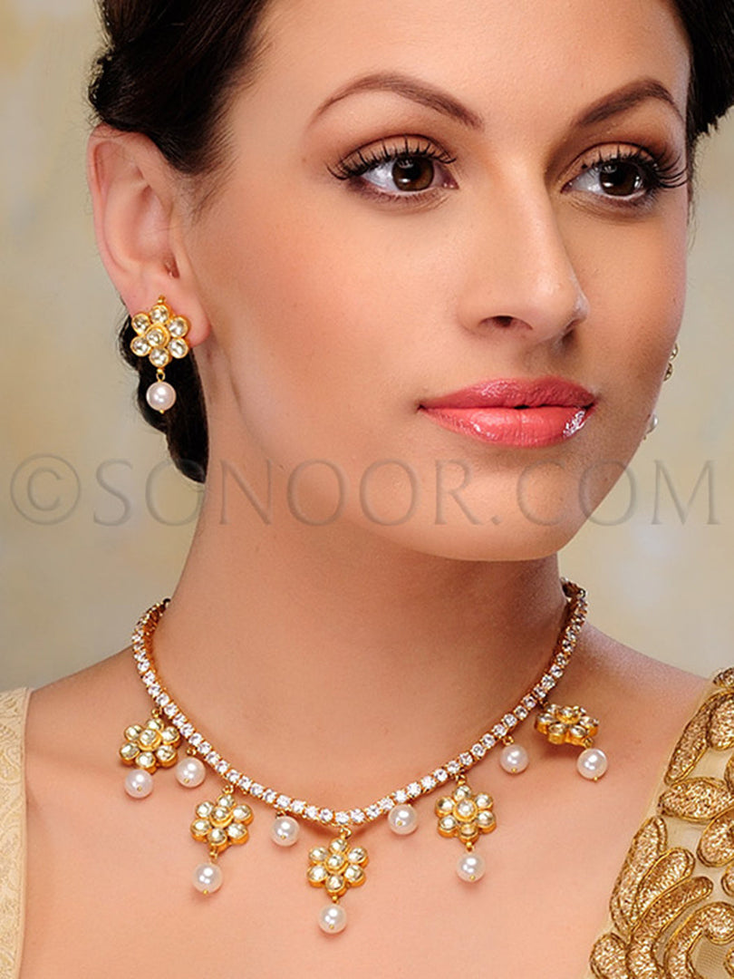 Charul Gold Finish Cubic Zirconia Pearl Necklace Set