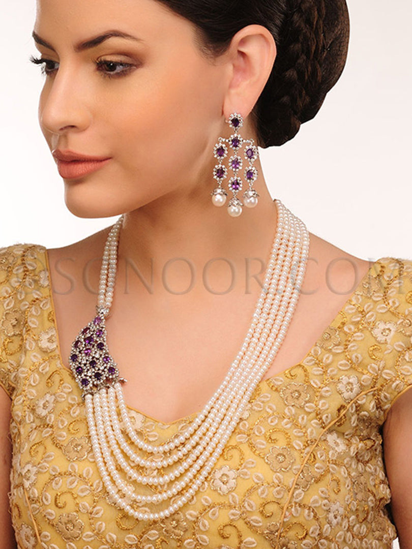 Aahna Cubic Zirconia Long Pearl Necklace Set