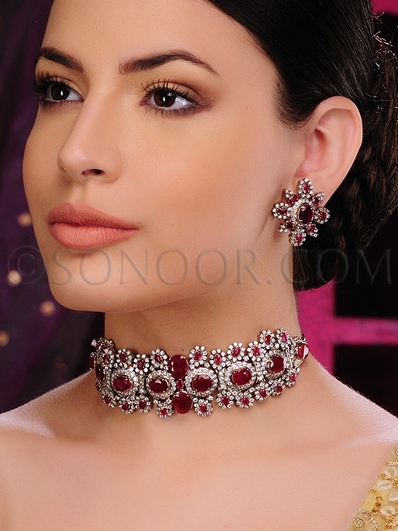 Chahal American Diamond Ruby Choker Set