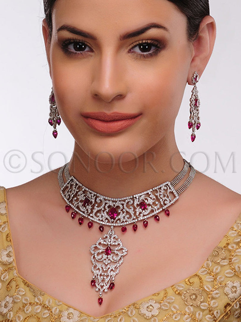Andini American Diamond Red Stone Necklace Set