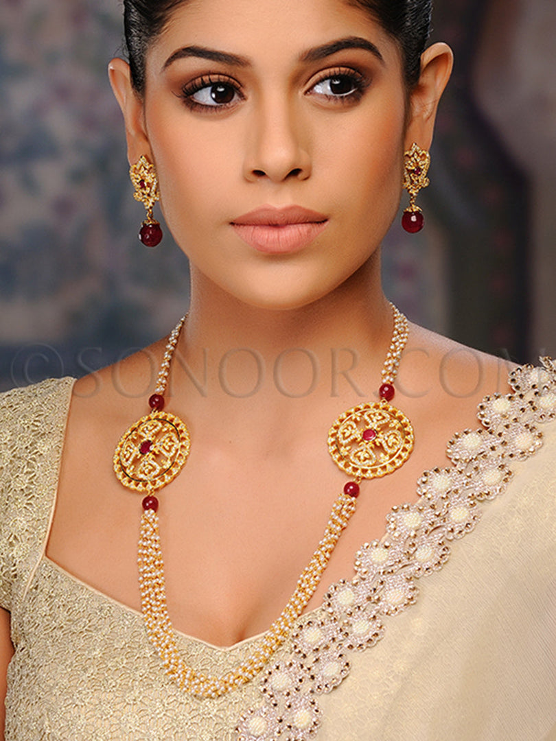 Rupasi Zircon Red Stone Long Necklace Set