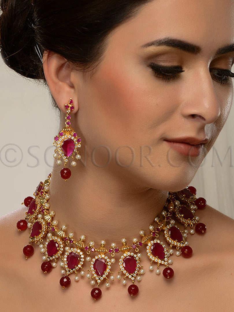 Kriti Gold Plated Ruby Stone Necklace Set