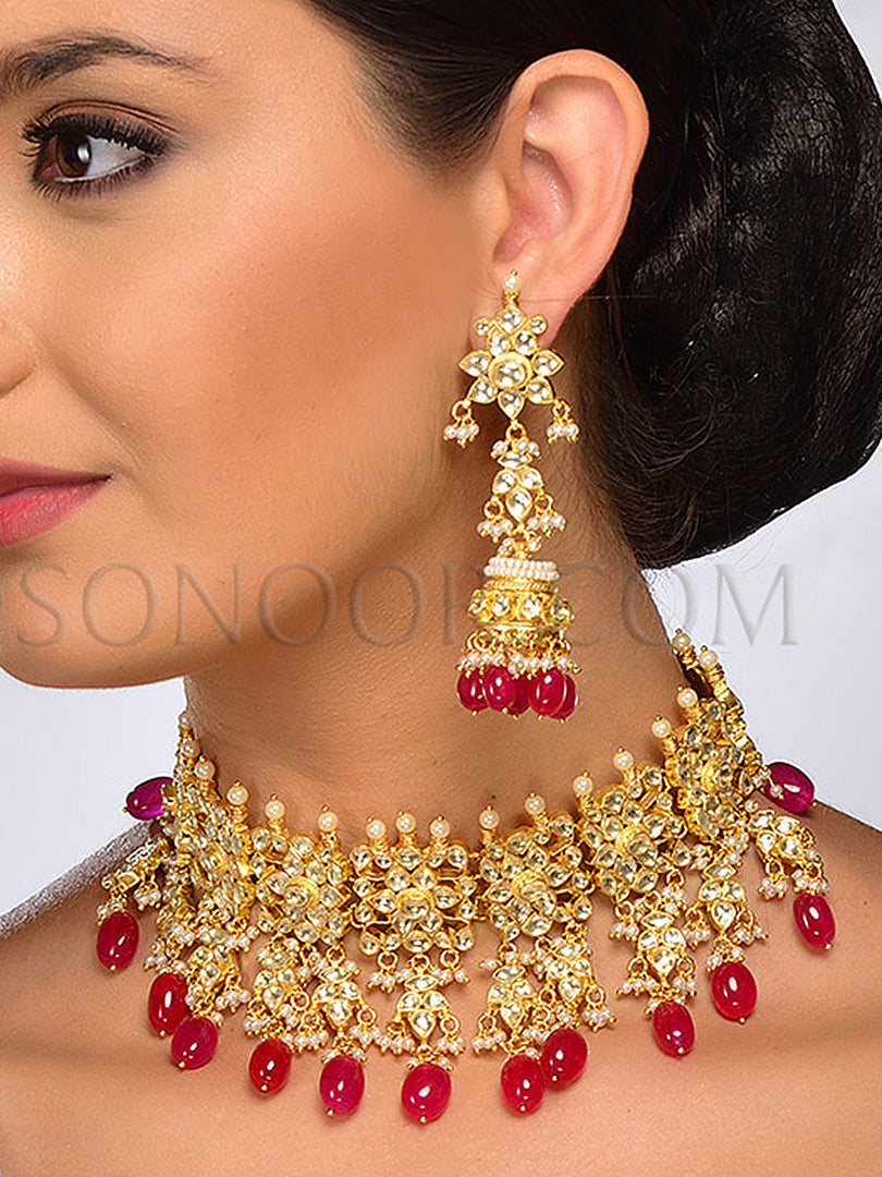 Palnia Gold Plated Red Drop Necklace Set