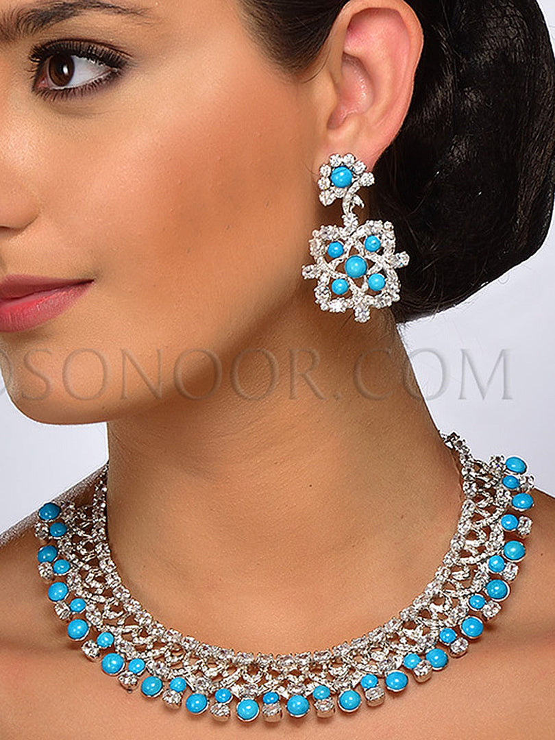 Muskan Silver Plated Blue Cubic Zirconia Necklace Set