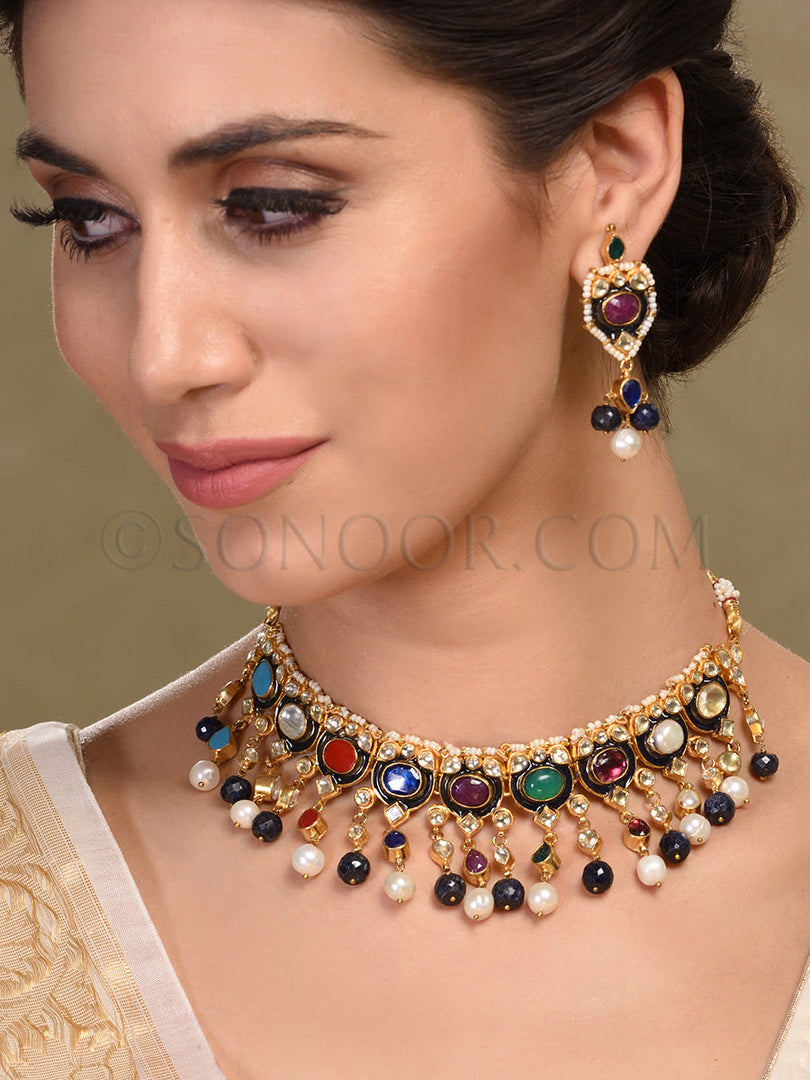 Nyra Antique Navratan Choker Set