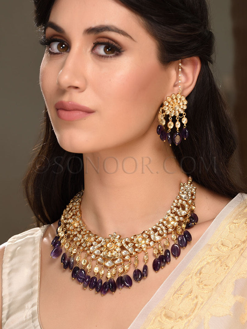 Tapni Kundan Amethysts Drop Necklace Set