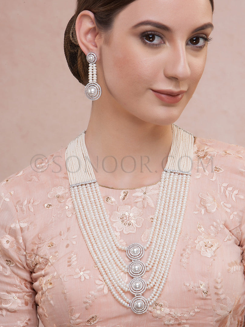 Manisha Long Pearl Cubic Zirconia Necklace Set