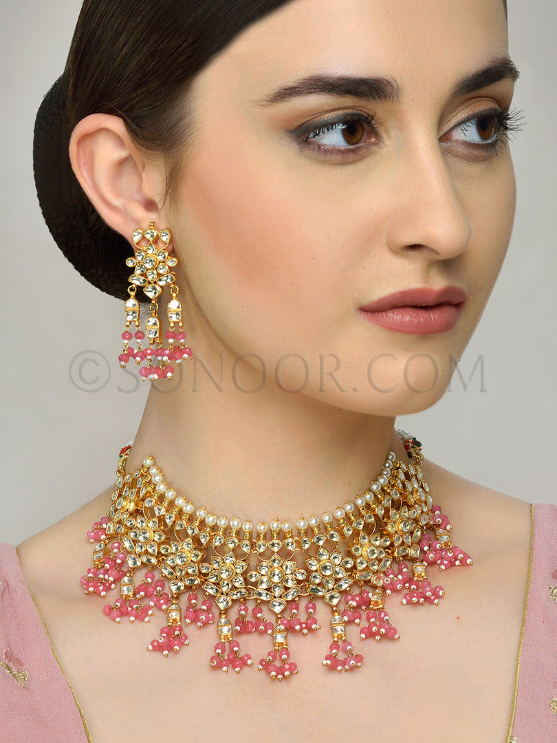 Ritwika Kundan Pink Drop Necklace Set