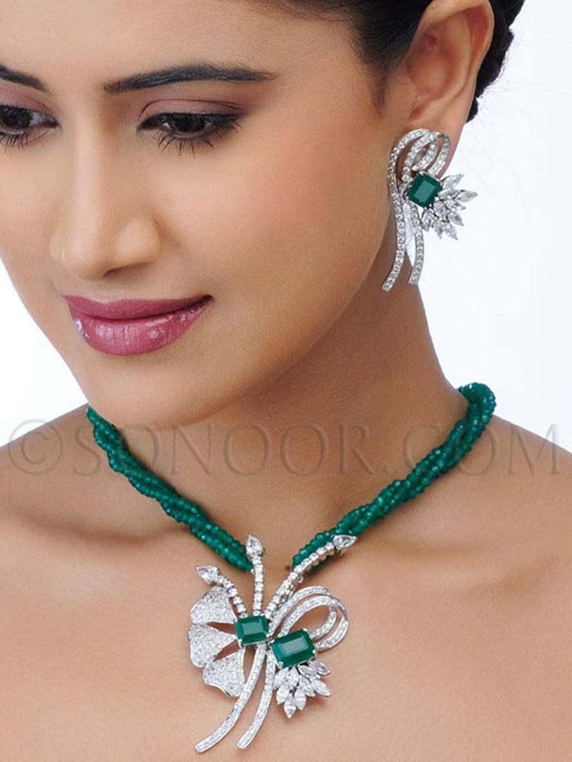 Nawal Silver Finish Green Handcrafted Pendant Set