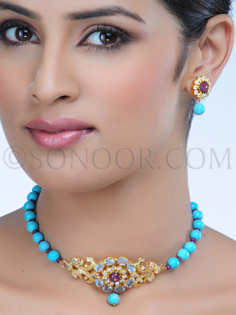 Movika Gold Plated Blue Choker Pendant Set