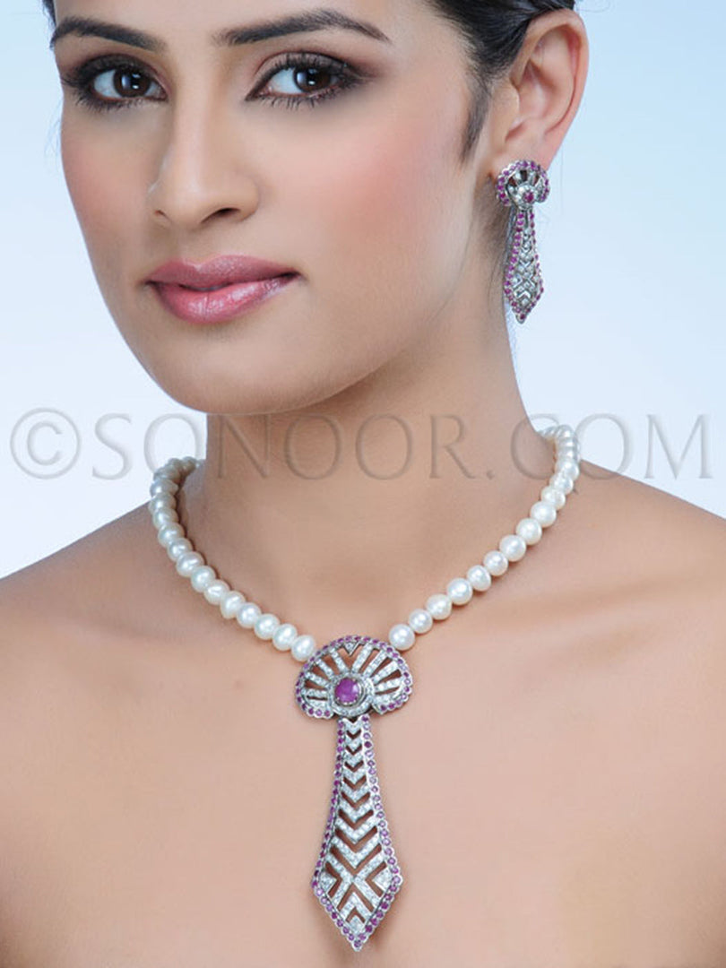 Stitusha Cubic Zirconia Ruby Pearl String Pendant Set