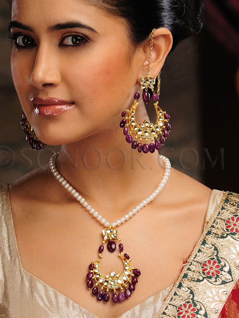 Shriu Kundan Ruby Pearl String Pendant Set